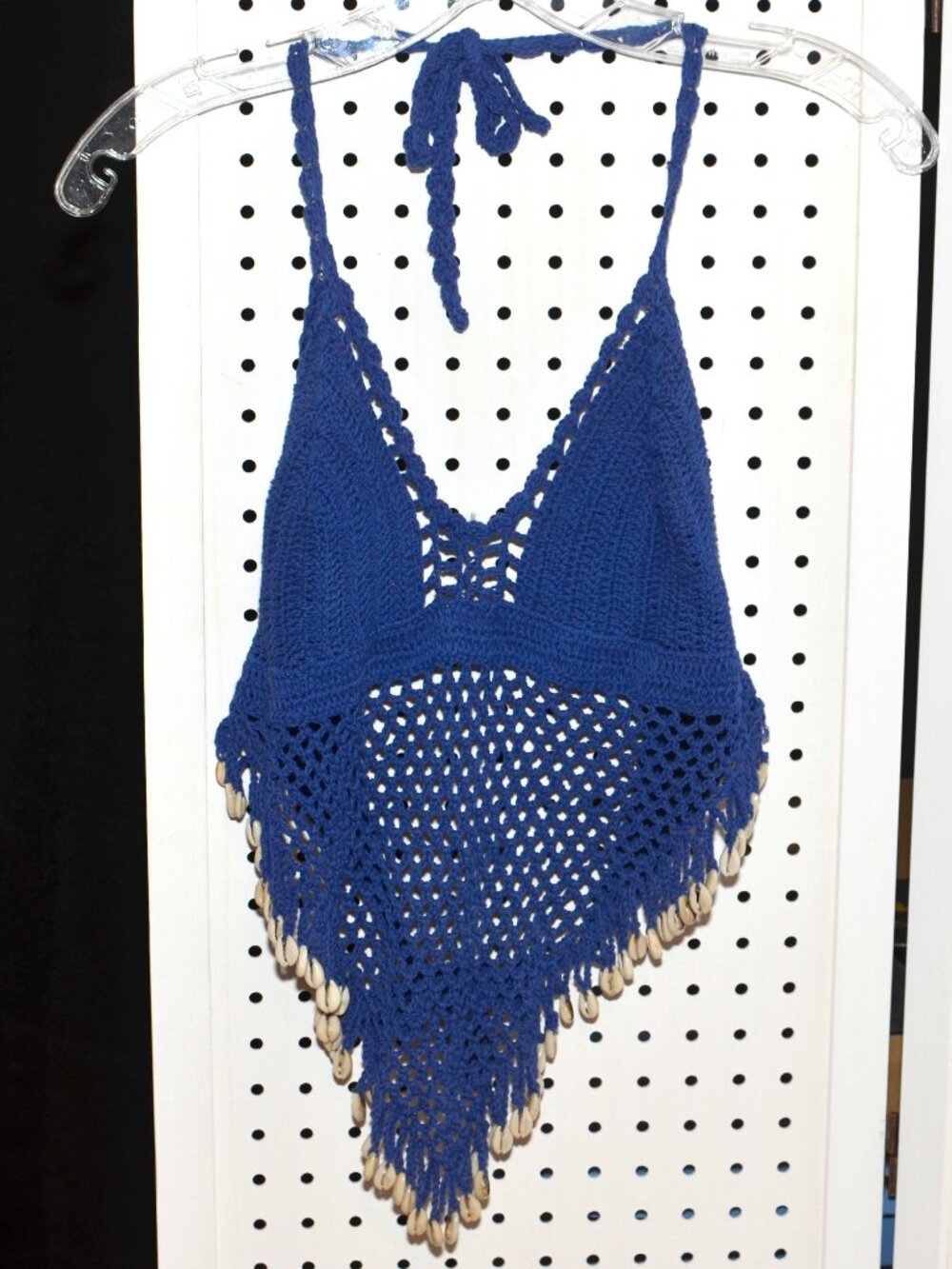 Vintage Island Planet Miami Beach Crochet Halter Top Puka Shell Fringe Boho Y2K